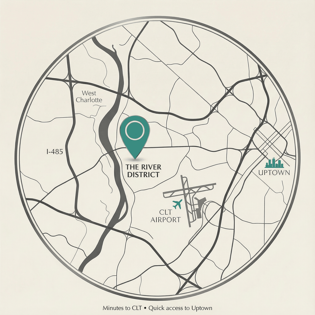 Map of West Charlotte showing River District, CLT Airport, and Uptown